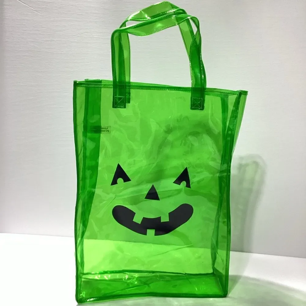 Vinyl Trick Or Treat Tote With Jack O Lantern Face Clear Green Large